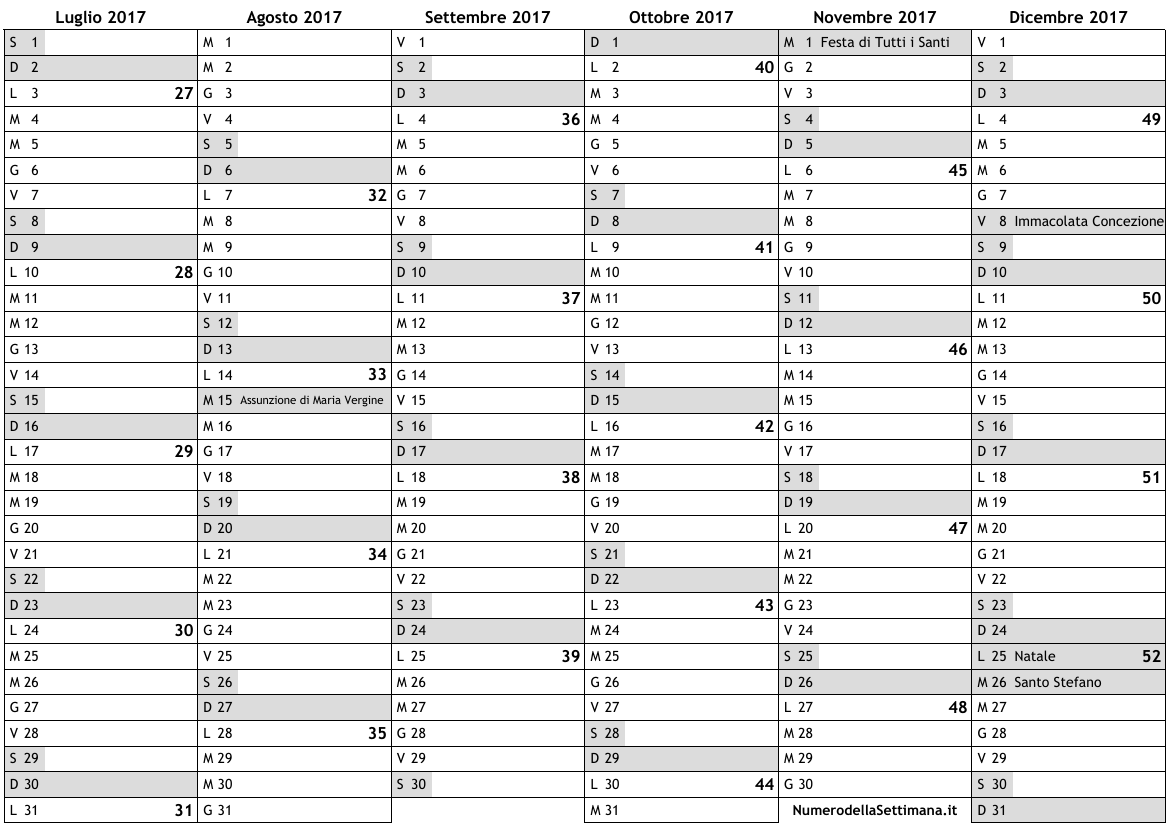 Calendario 2017, secondo semestre