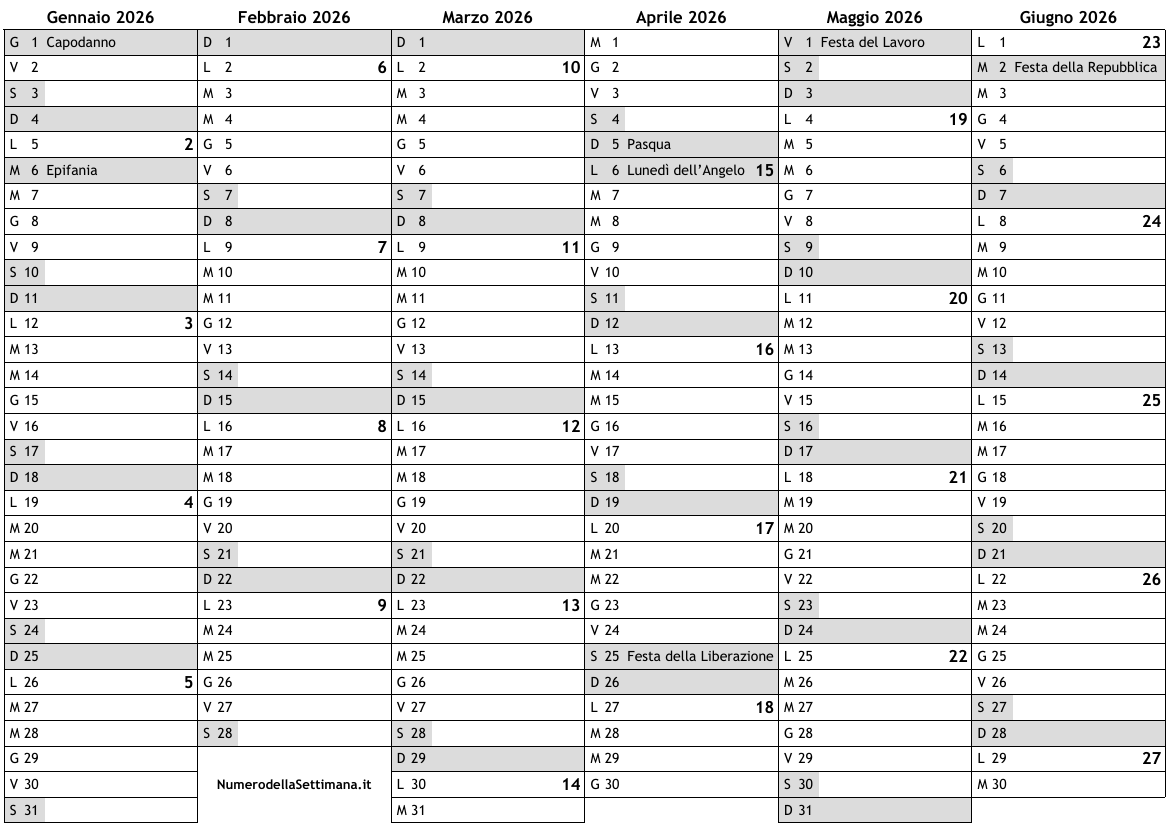 Calendario 2026 con numeri settimane … A4, download, PDF